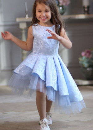 Light Blue Jacquard Asymmetrical Flower Girl Dress